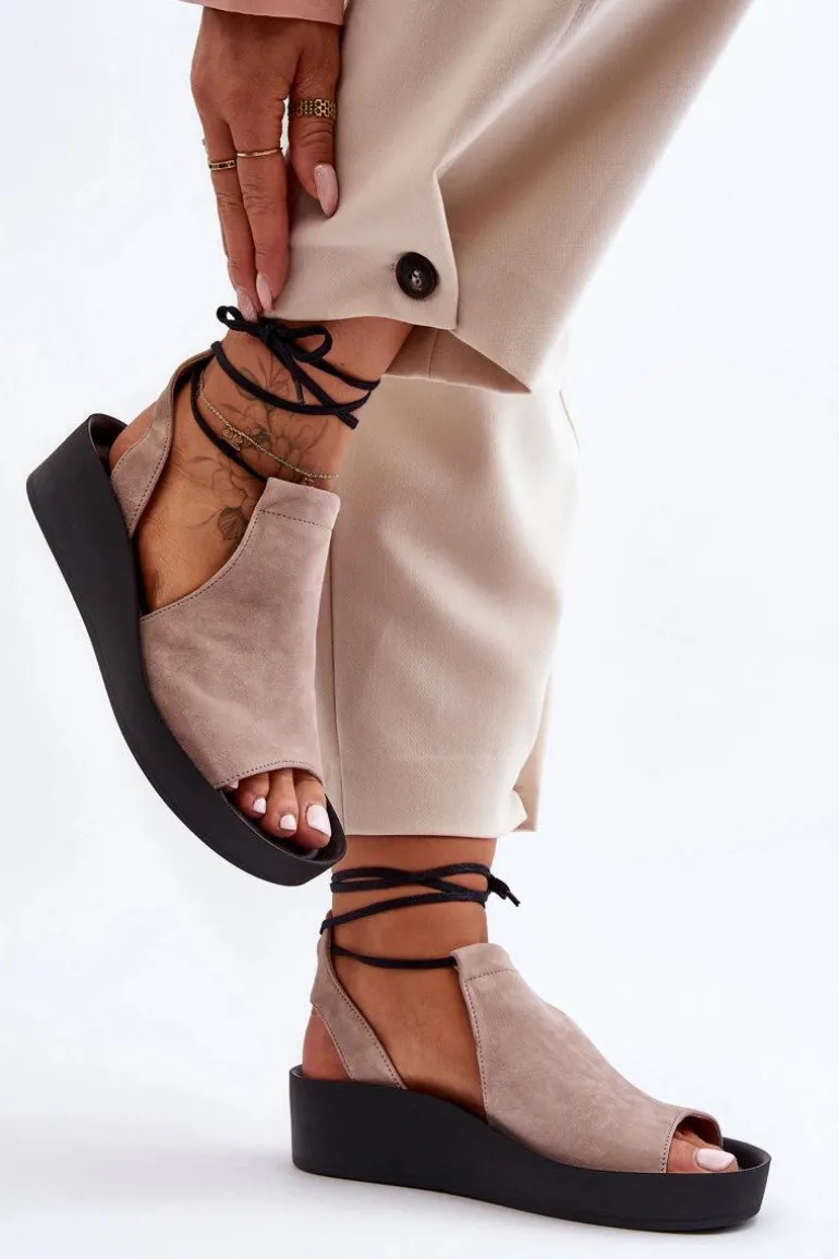 Zazoo 2743 Zamszowe Sandały Na Koturnie Beżowe