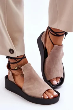 Zazoo 2743 Zamszowe Sandały Na Koturnie Beżowe