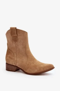 Zazoo 3305/2/G Damskie Zamszowe Botki Kowbojki Na Niskim Obcasie Beżowe