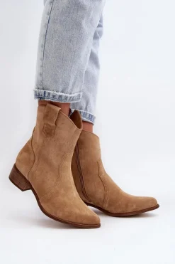 Zazoo 3305/2/G Damskie Zamszowe Botki Kowbojki Na Niskim Obcasie Beżowe