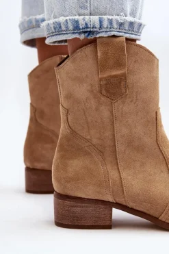 Zazoo 3305/2/G Damskie Zamszowe Botki Kowbojki Na Niskim Obcasie Beżowe