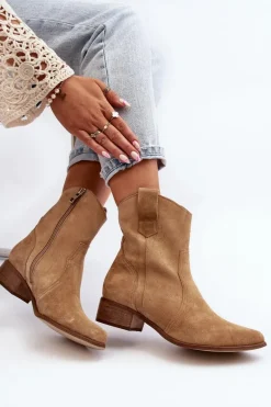 Zazoo 3305/2/G Damskie Zamszowe Botki Kowbojki Na Niskim Obcasie Beżowe