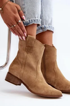 Zazoo 3305/2/G Damskie Zamszowe Botki Kowbojki Na Niskim Obcasie Beżowe