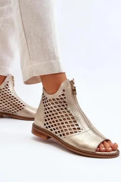Zazoo 977/L Skórzane Ażurowe Sandały Na Zamek Złote