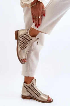 Zazoo 977/L Skórzane Ażurowe Sandały Na Zamek Złote