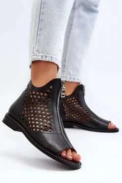 Zazoo 977/L Skórzane Ażurowe Sandały Na Zamek Czarne