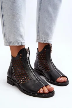 Zazoo 977/L Skórzane Ażurowe Sandały Na Zamek Czarne