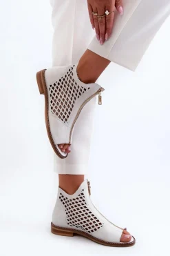 Zazoo 977/L Skórzane Ażurowe Sandały Na Zamek Białe