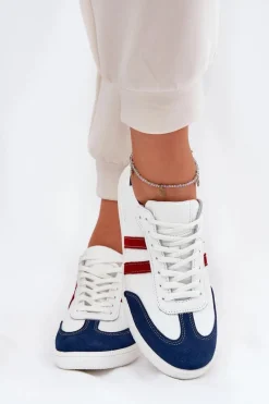 Zazoo N1068 Skórzane Niskie Sneakersy Damskie Biało-Granatowe