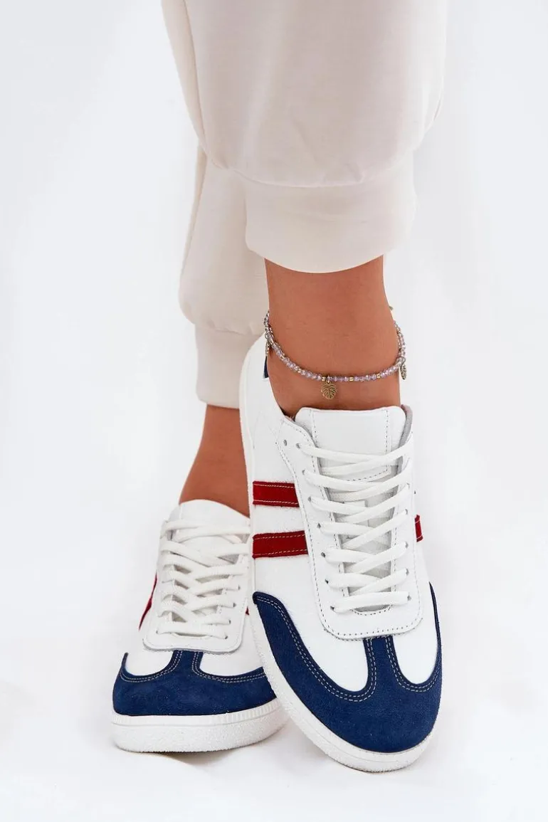 Zazoo N1068 Skórzane Niskie Sneakersy Damskie Biało-Granatowe