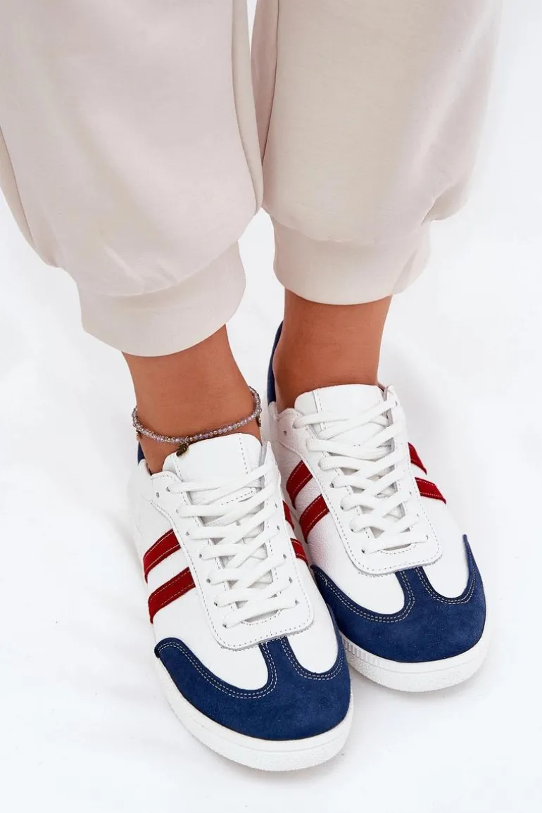 Zazoo N1068 Skórzane Niskie Sneakersy Damskie Biało-Granatowe