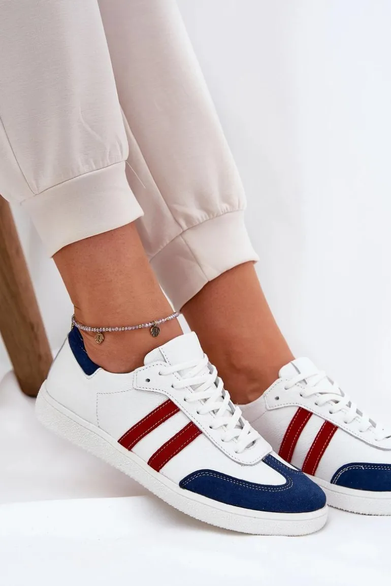 Zazoo N1068 Skórzane Niskie Sneakersy Damskie Biało-Granatowe