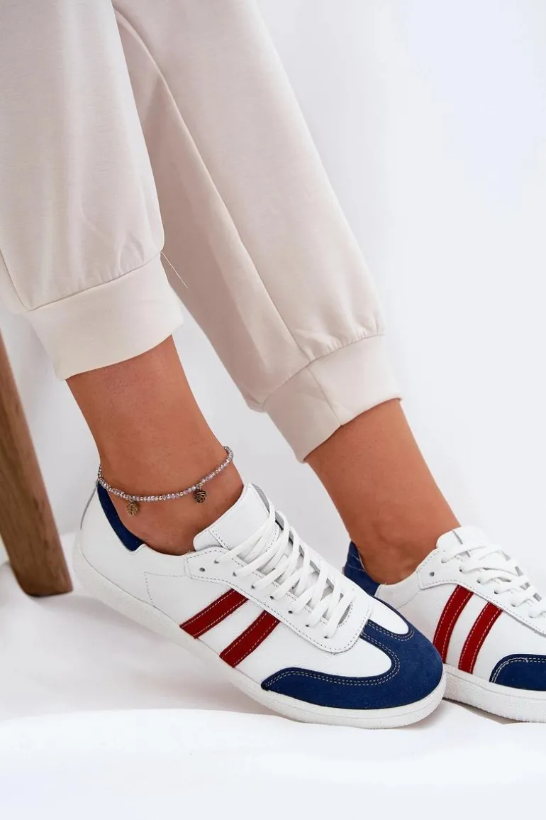 Zazoo N1068 Skórzane Niskie Sneakersy Damskie Biało-Granatowe