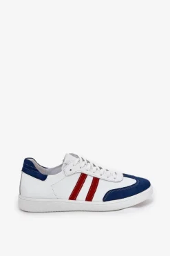 Zazoo N1068 Skórzane Niskie Sneakersy Damskie Biało-Granatowe