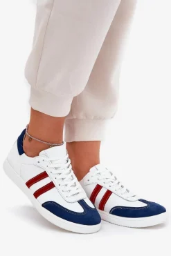 Zazoo N1068 Skórzane Niskie Sneakersy Damskie Biało-Granatowe