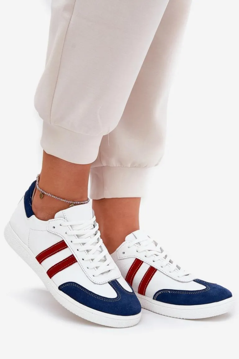 Zazoo N1068 Skórzane Niskie Sneakersy Damskie Biało-Granatowe