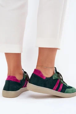 Zazoo N1068 Zamszowe Niskie Sneakersy Damskie Ciemnozielone