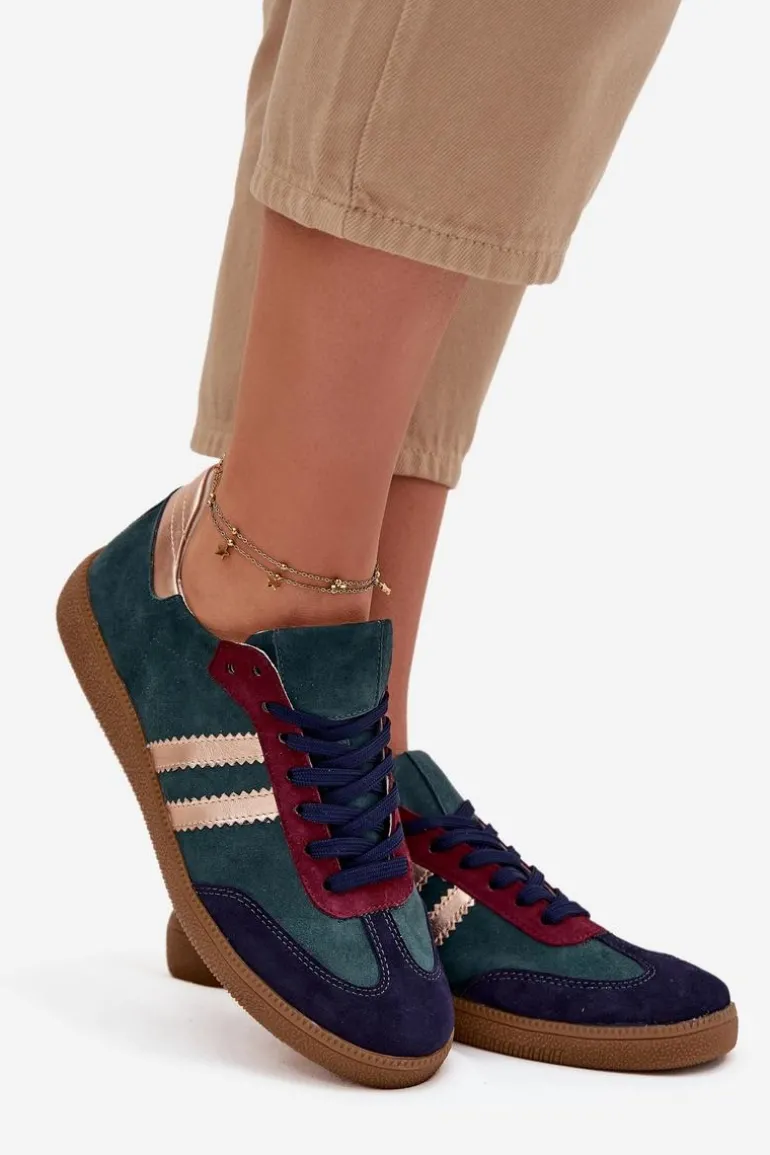 Zazoo N1068 Zamszowe Niskie Sneakersy Damskie Butelkowa Zieleń