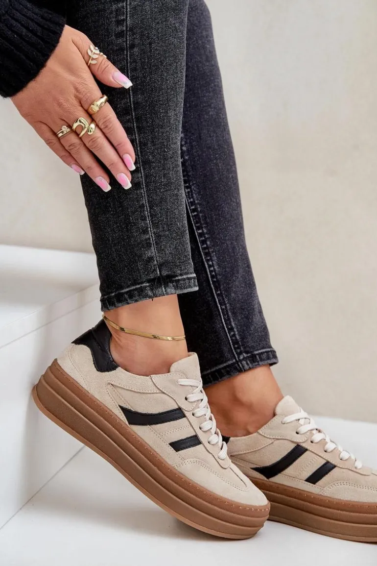 Zazoo N1176 Zamszowe Sneakersy Na Platformie Beżowe