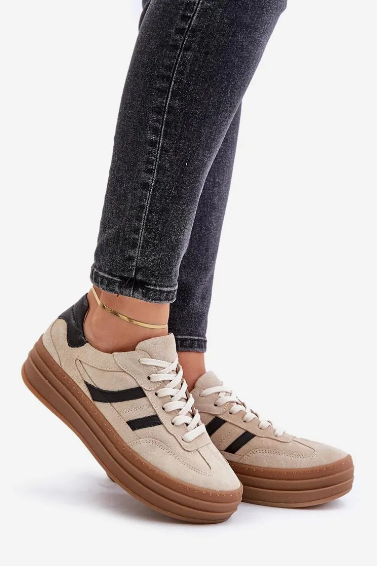 Zazoo N1176 Zamszowe Sneakersy Na Platformie Beżowe
