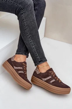 Zazoo N1176 Zamszowe Sneakersy Na Platformie Panterka Czekoladowe