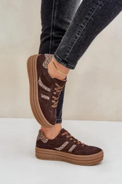 Zazoo N1176 Zamszowe Sneakersy Na Platformie Panterka Czekoladowe