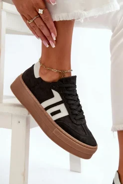 Zazoo N1095S2 Sneakersy Skórzane Damskie Na Platformie Czarne