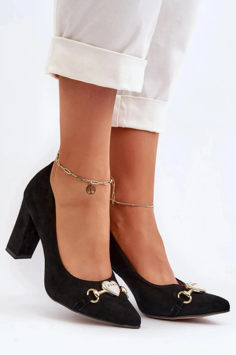 Zazoo 2453/OS Zamszowe Czółenka Na Słupku Z Sercem Czarne