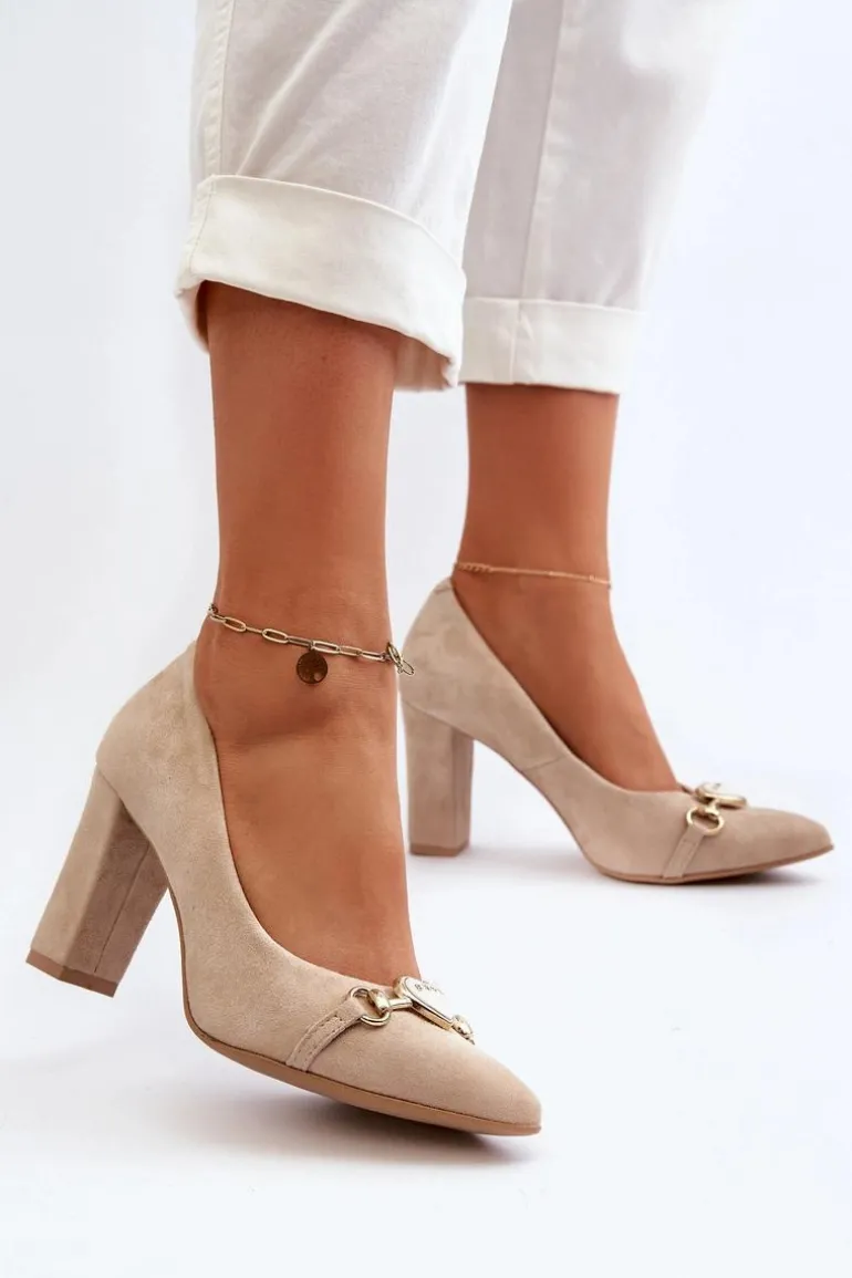 Zazoo 2453/OS Zamszowe Czółenka Na Słupku Z Sercem Cappuccino