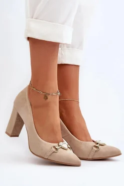 Zazoo 2453/OS Zamszowe Czółenka Na Słupku Z Sercem Cappuccino