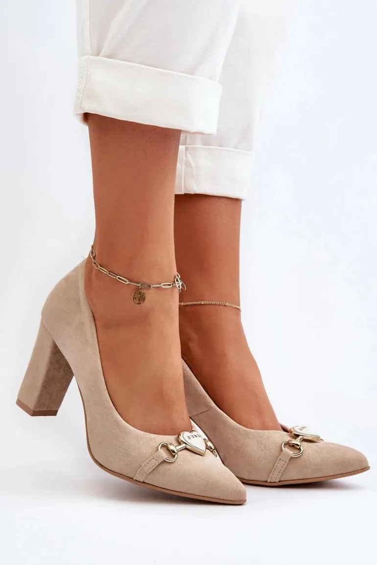 Zazoo 2453/OS Zamszowe Czółenka Na Słupku Z Sercem Cappuccino