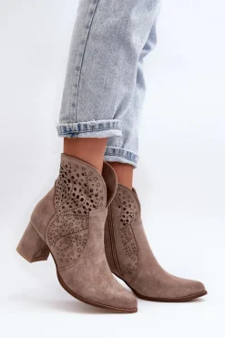 Zazoo 3166/P Damskie Ażurowe Botki Na Obcasie Zamszowe Beżowe