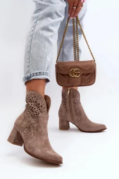 Zazoo 3166/P Damskie Ażurowe Botki Na Obcasie Zamszowe Beżowe