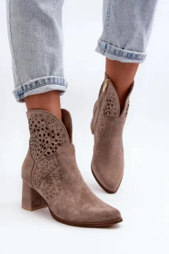 Zazoo 3166/P Damskie Ażurowe Botki Na Obcasie Zamszowe Beżowe