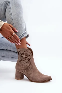 Zazoo 3166/P Damskie Ażurowe Botki Na Obcasie Zamszowe Beżowe