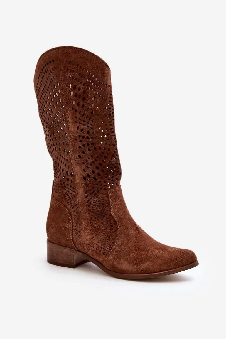 Zazoo 3305/P Zamszowe Kozaki Do Połowy Łydki Ażurowe Brązowe