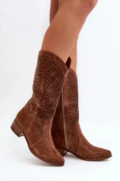 Zazoo 3305/P Zamszowe Kozaki Do Połowy Łydki Ażurowe Brązowe