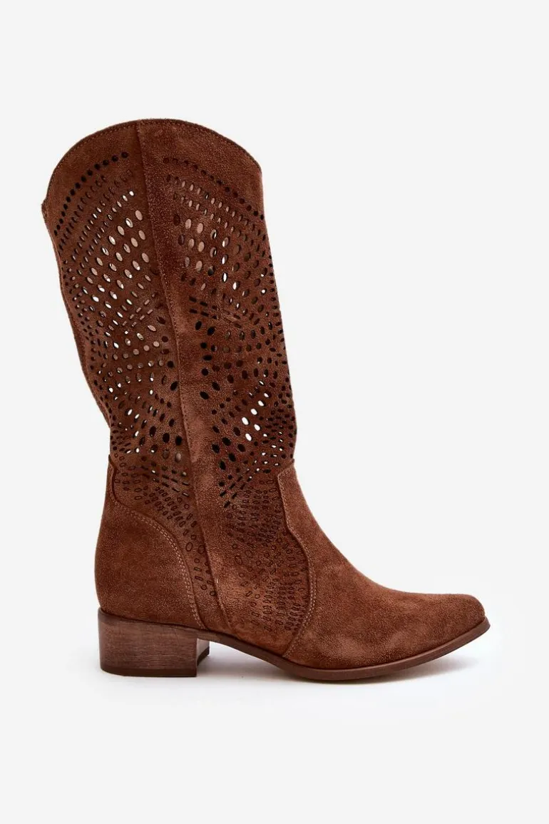 Zazoo 3305/P Zamszowe Kozaki Do Połowy Łydki Ażurowe Brązowe