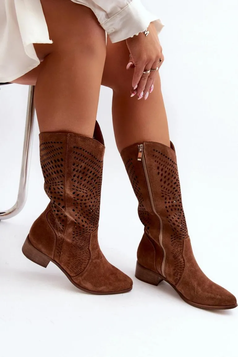 Zazoo 3305/P Zamszowe Kozaki Do Połowy Łydki Ażurowe Brązowe