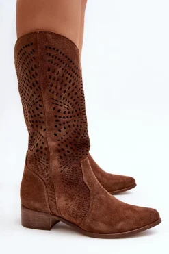 Zazoo 3305/P Zamszowe Kozaki Do Połowy Łydki Ażurowe Brązowe