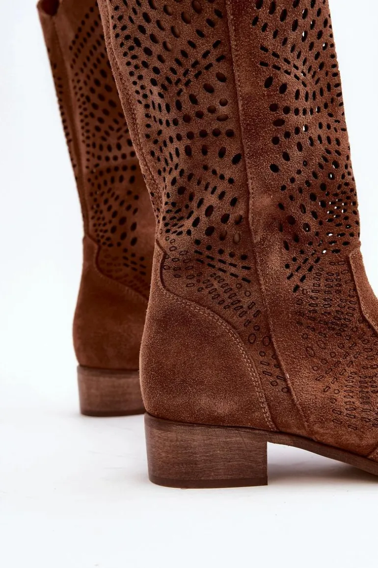 Zazoo 3305/P Zamszowe Kozaki Do Połowy Łydki Ażurowe Brązowe
