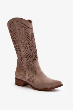 Zazoo 3305/P Zamszowe Kozaki Do Połowy Łydki Ażurowe Cappucino