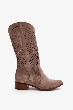 Zazoo 3305/P Zamszowe Kozaki Do Połowy Łydki Ażurowe Cappucino