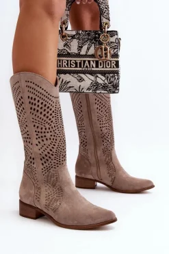 Zazoo 3305/P Zamszowe Kozaki Do Połowy Łydki Ażurowe Cappucino