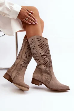 Zazoo 3305/P Zamszowe Kozaki Do Połowy Łydki Ażurowe Cappucino