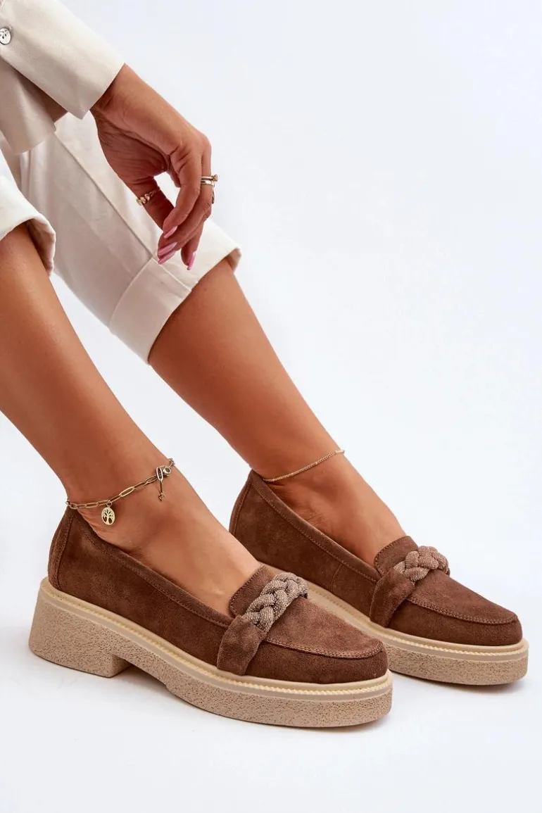 Zazoo 3429/W Damskie Zamszowe Mokasyny Z Ozdobą Brązowe