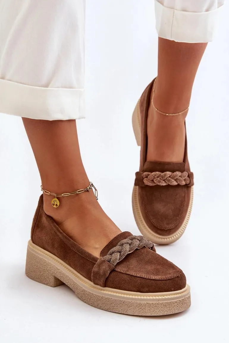 Zazoo 3429/W Damskie Zamszowe Mokasyny Z Ozdobą Brązowe