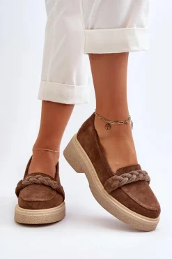 Zazoo 3429/W Damskie Zamszowe Mokasyny Z Ozdobą Brązowe