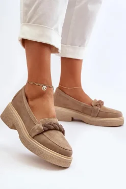 Zazoo 3429/W Damskie Zamszowe Mokasyny Z Ozdobą Beżowe