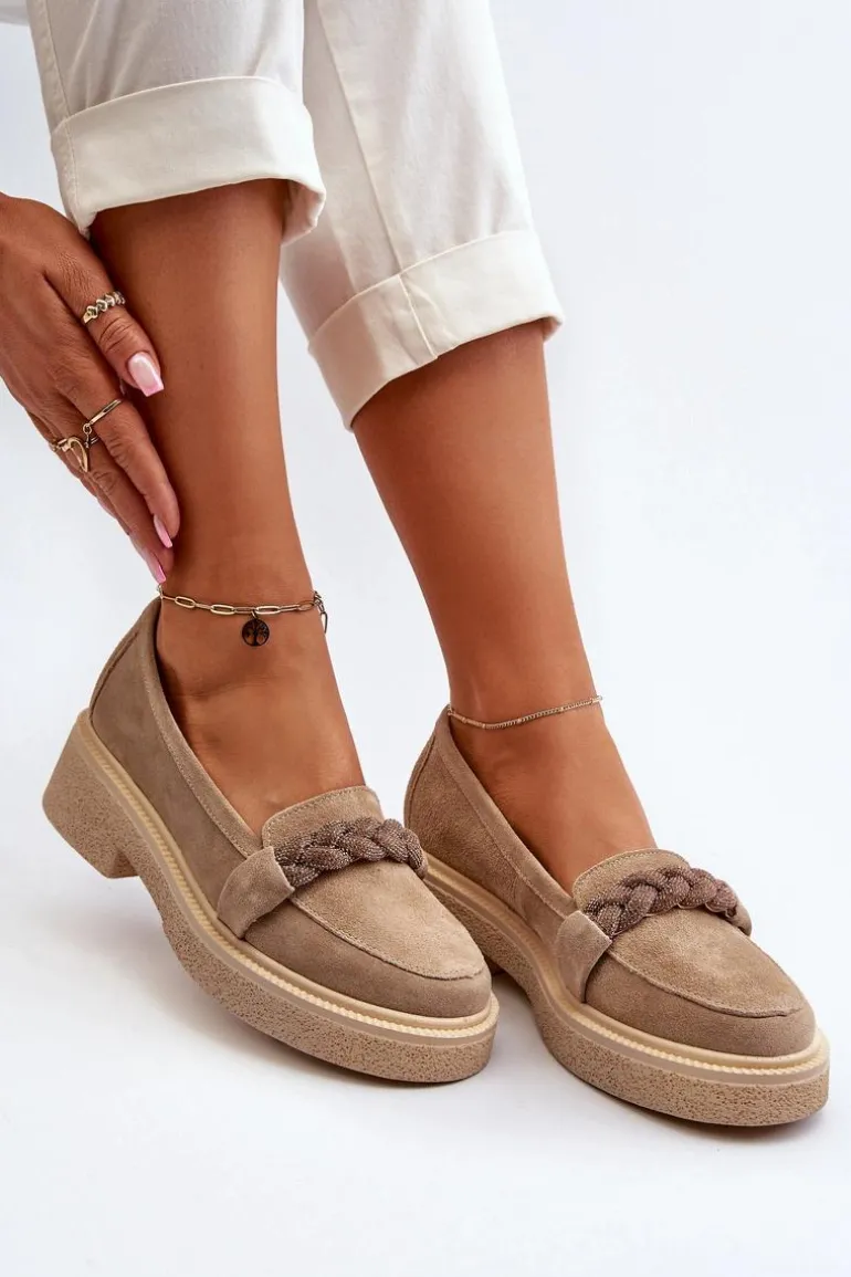 Zazoo 3429/W Damskie Zamszowe Mokasyny Z Ozdobą Beżowe